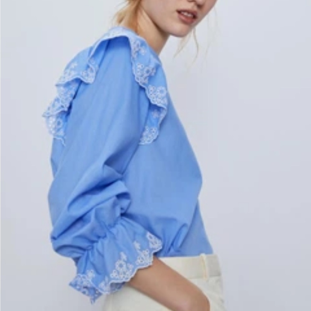 Zara Cotton Blouse Eyelit Ruffle Embroidered Details Long Sleeve Women's XS - Picture 2 of 11